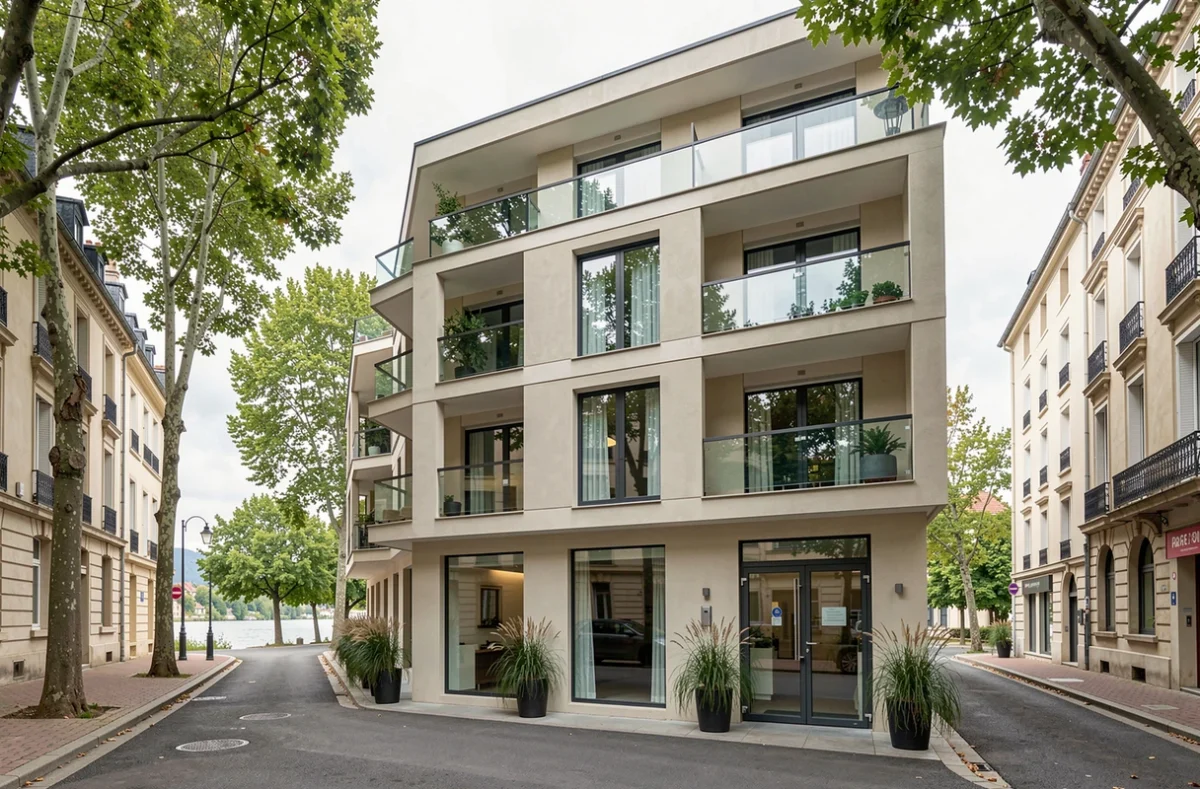 Façade moderne du Zenao Appart'Hôtels Mâcon avec balcons vitrés et vue sur le boulevard en bord de Saône