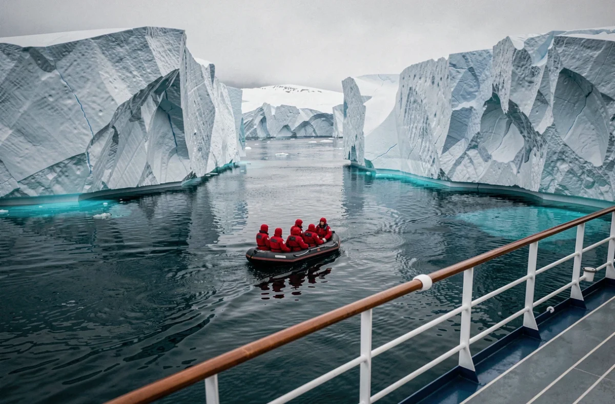 Zodiac de croisière transportant des passagers en combinaison rouge entre des icebergs géants au Groenland
